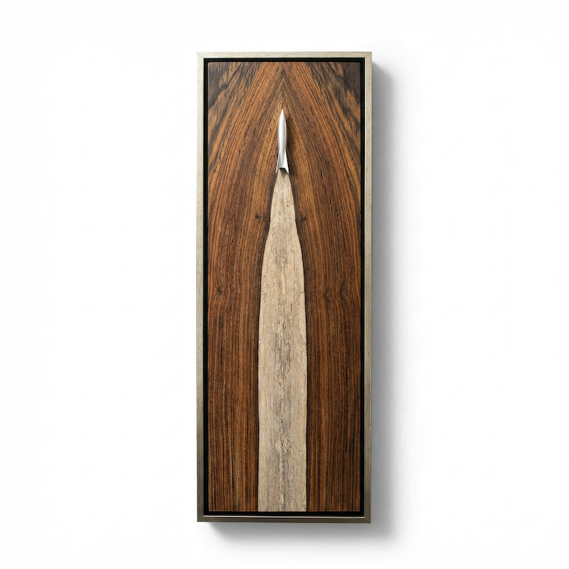 Wooden wall art with a rocket on a white background