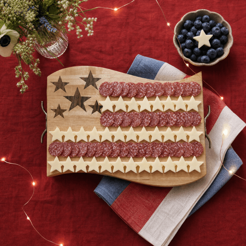 Wooden cutting board shaped like an American flag with salami on a red surface.