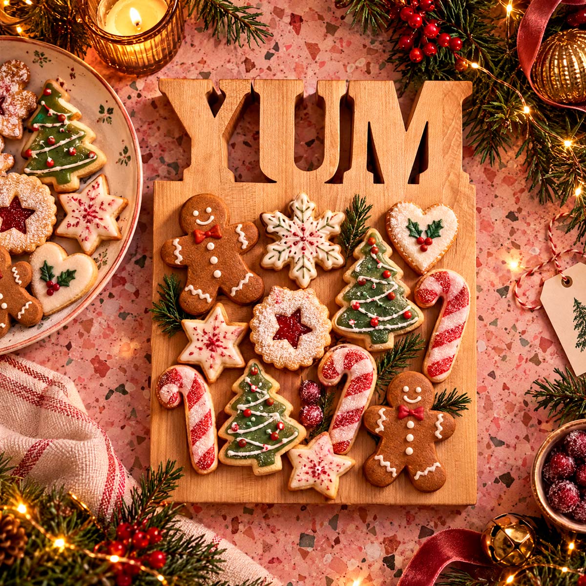 decorative christmas cookies on top of a wood cutting board with YUM cut out of the wood, festive holiday decor background