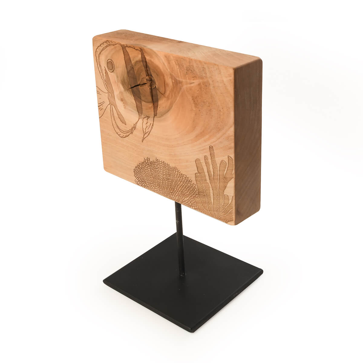 Angel fish sea animal art on wood, sits on metal frame