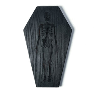 coffin shape black board with skeleton laser engraved in wood