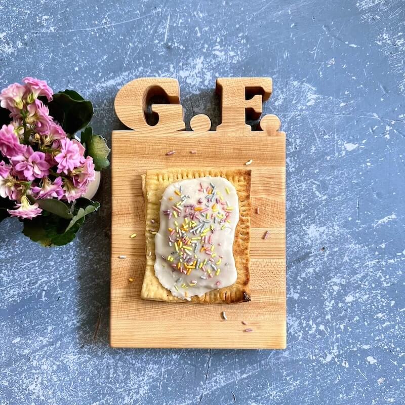 mini cutting board, G.F. initials for gluten free