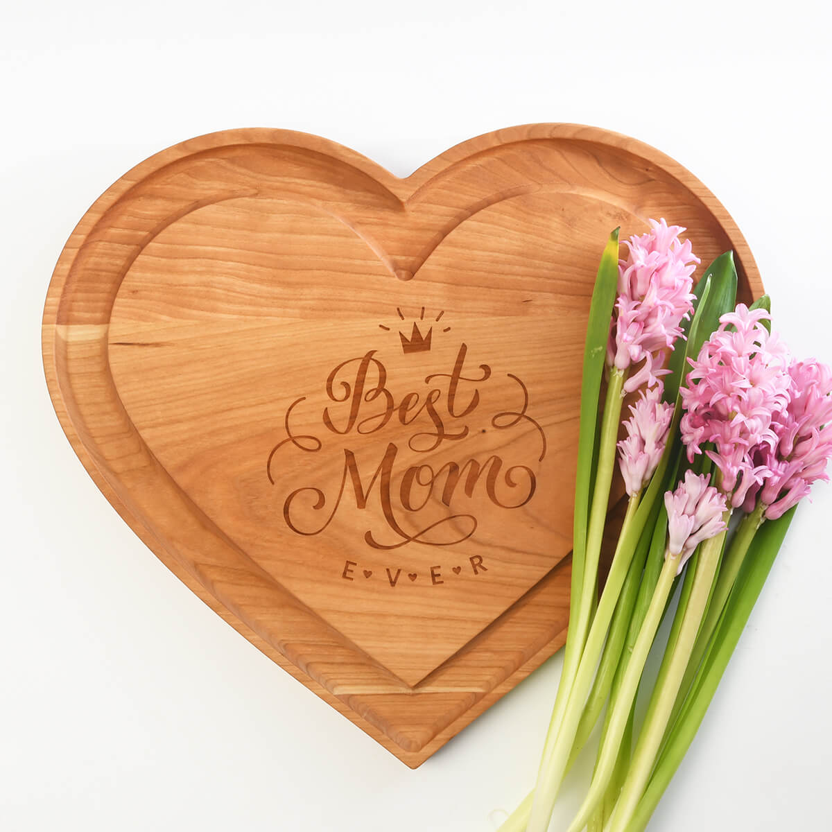 Personalized cheese board in heart shape, cherry wood with groove