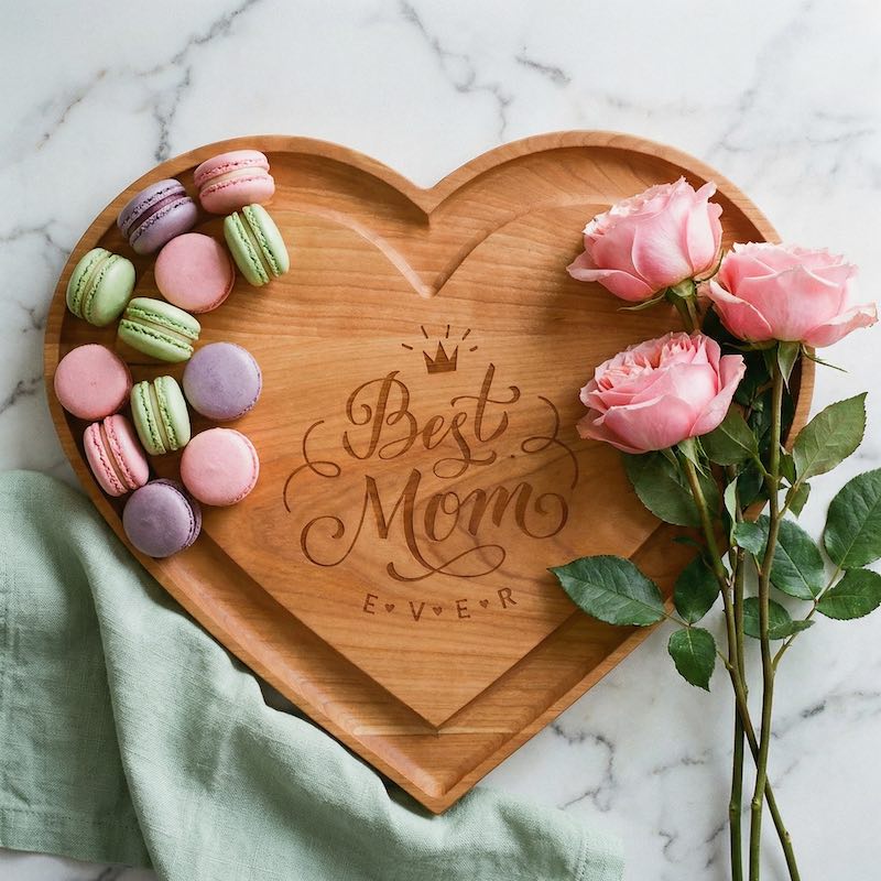 Heart-shaped wooden tray with 'Best Mom Ever' engraving, macarons, and pink roses on a marble background.