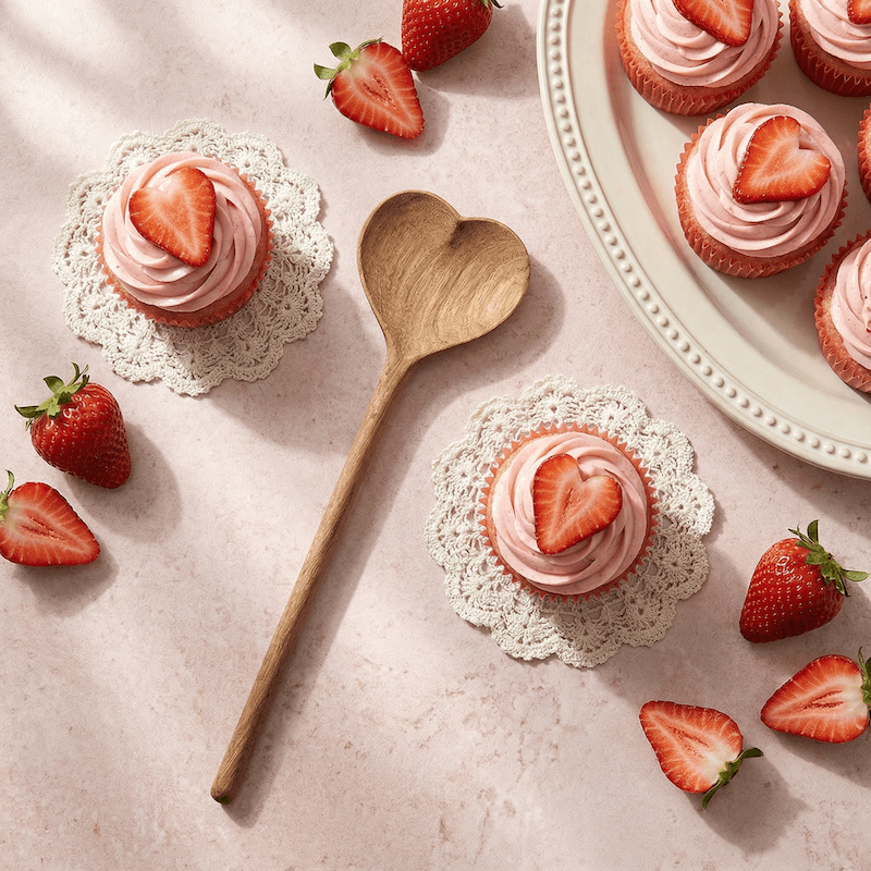 Valentine's day cupcakes and strawberries shown with heart shaped spoon on pink counter
