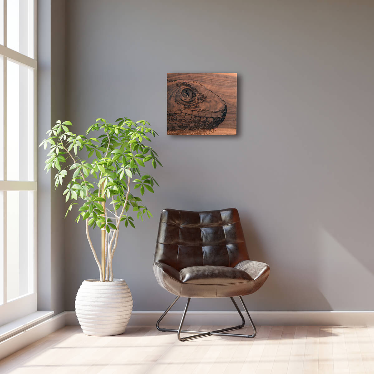 iguana art, shown hung on wall