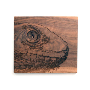 iguana engraved on wood, unframed