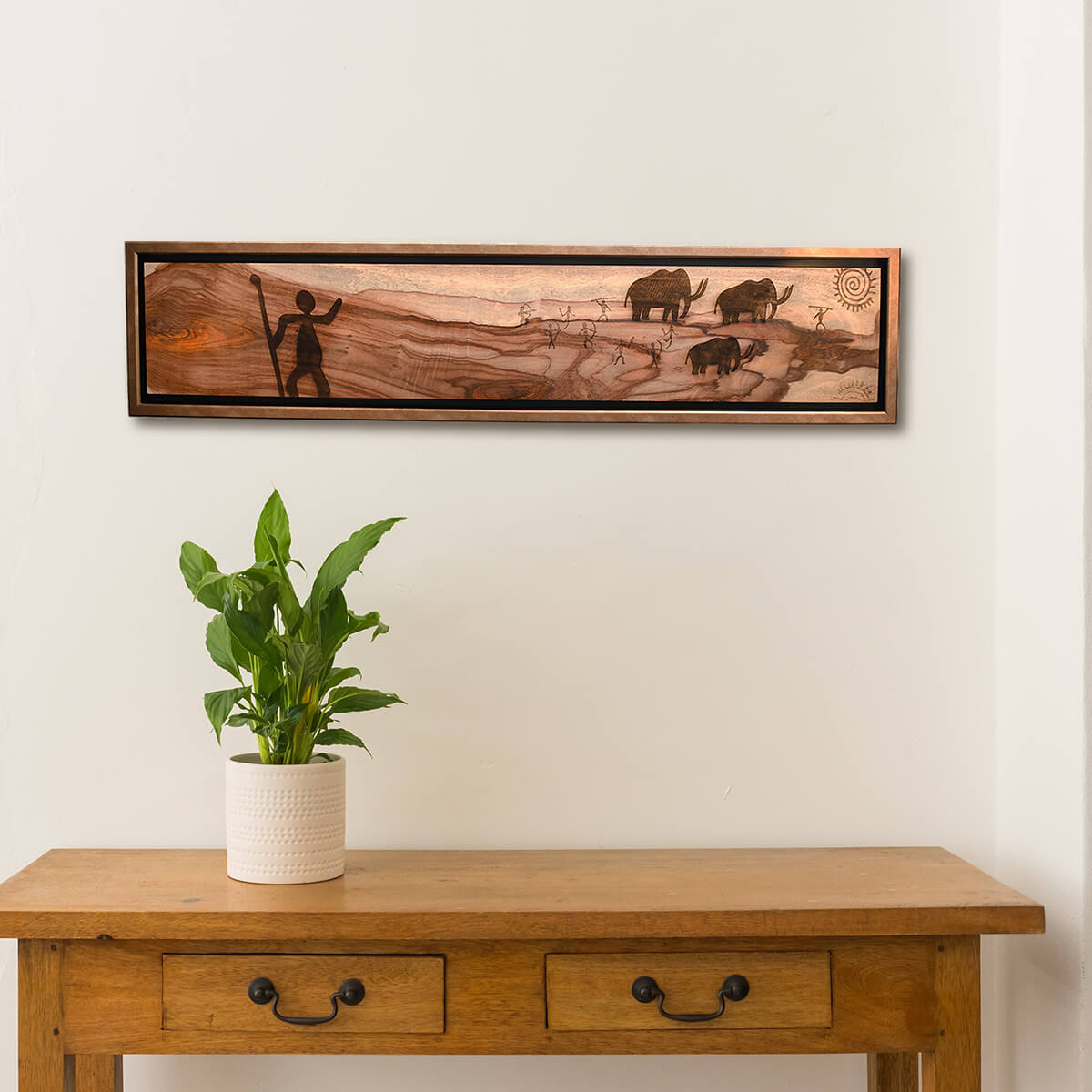 landscape wall art, mammoth hunters scene laser engraved on wood in frame