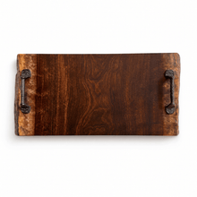 Live edge Wooden tray with metal handles on a white background