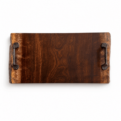 Live edge Wooden tray with metal handles on a white background