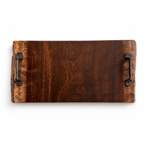 Live edge Wooden tray with metal handles on a white background