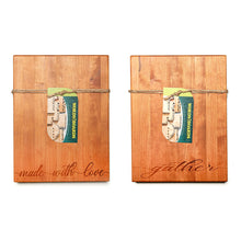  wooden cutting board with 1 side laser engraved 'made with love' and the other side laser engraved with 'gather'  on a white background