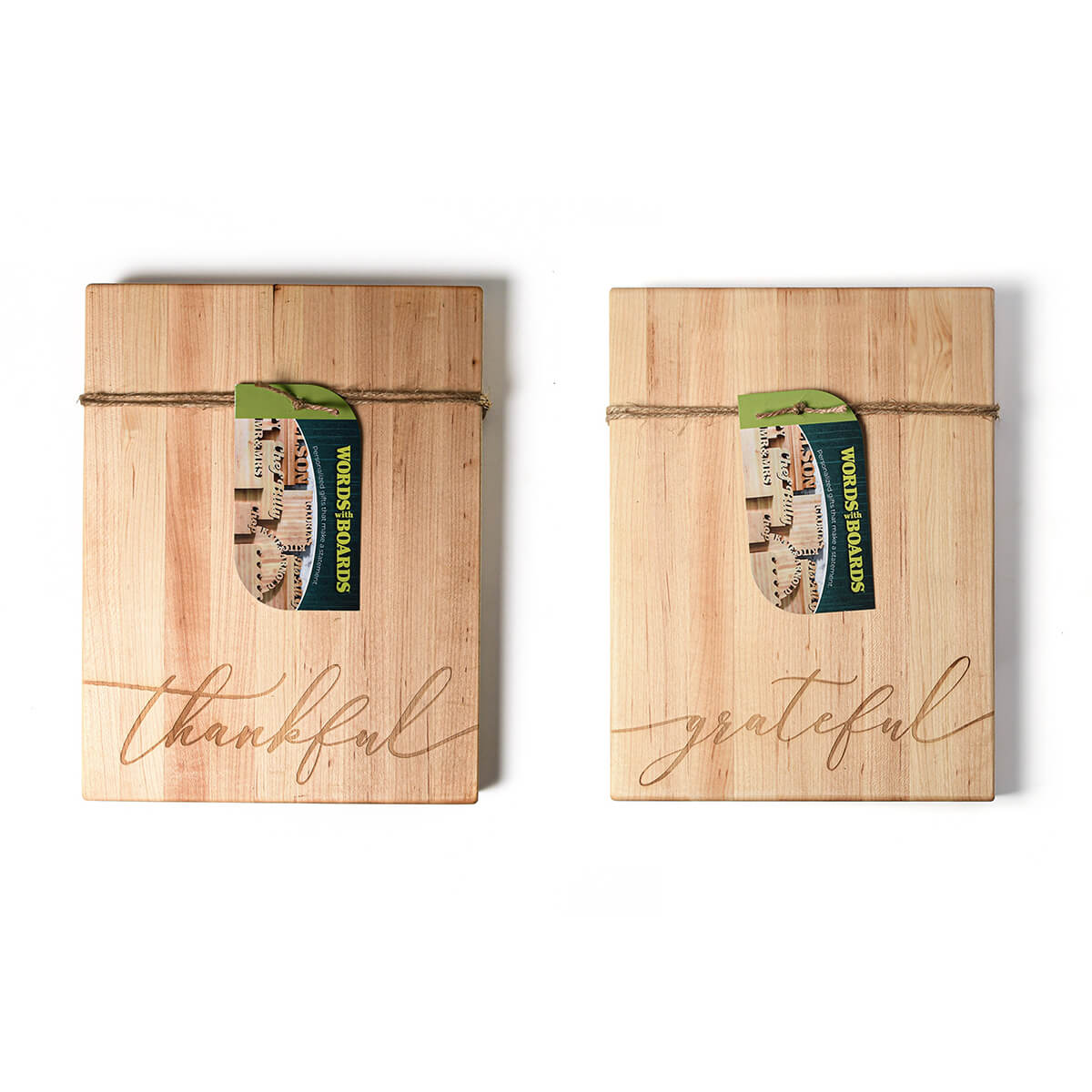1 wooden cutting board in maple wood with 'thankful' laser engraved on one side and 'grateful' on the other side  on a white background