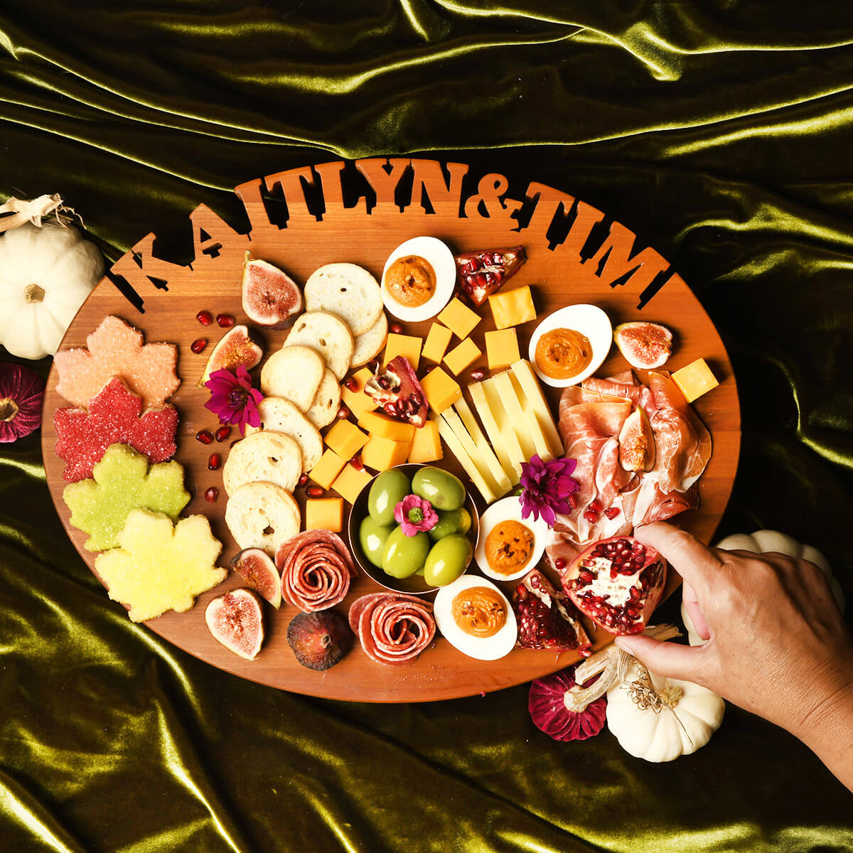 oval personalized cutting board, charcuterie on cherry wood