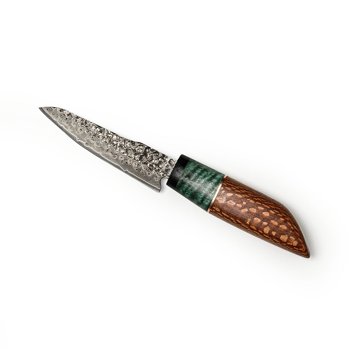 green and brown wooden handle petty knife, carbon steel blade, white background