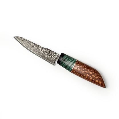 green and brown wooden handle petty knife, carbon steel blade, white background