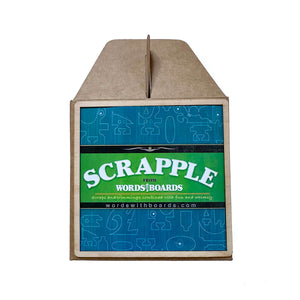 Cardboard box with 'Scrapple' branding on a white background