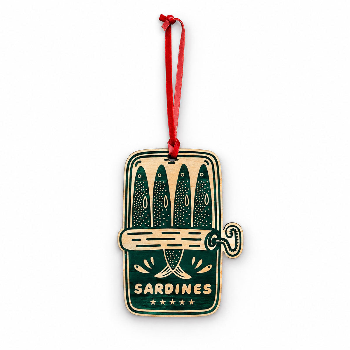 painted wooden tin of sardines holiday ornament 