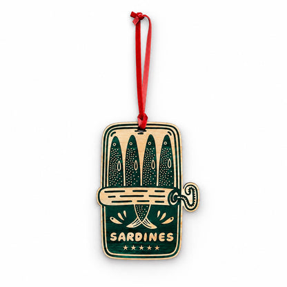 painted wooden tin of sardines holiday ornament 