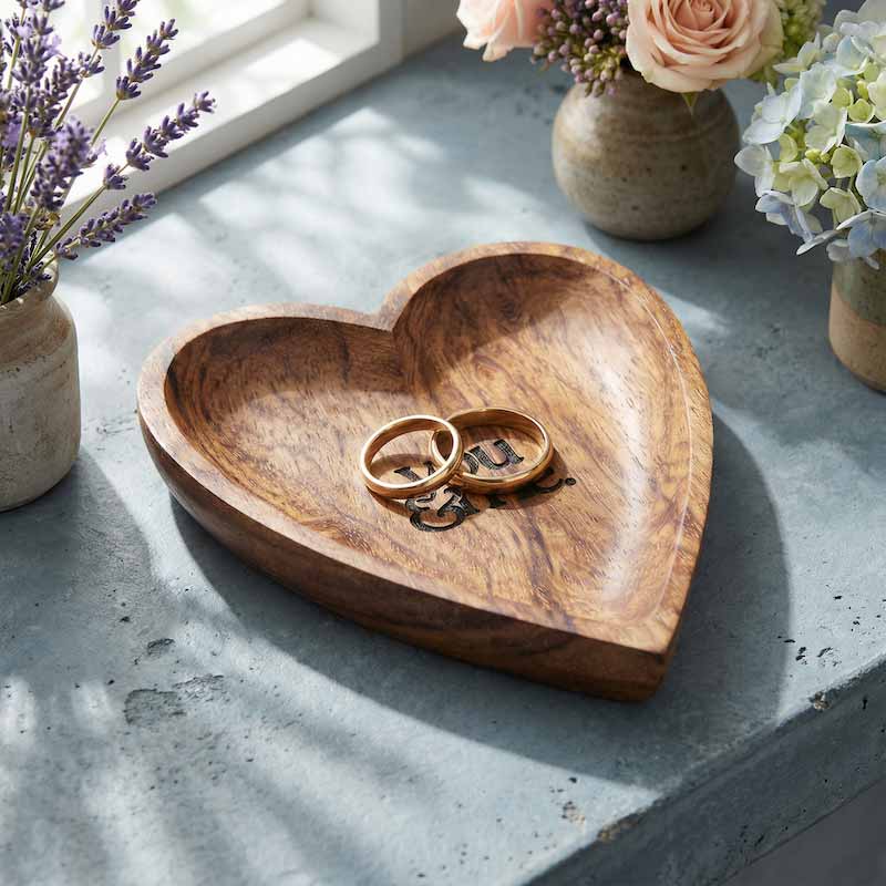 Wooden heart-shaped dish with rings on a concrete surface with flowers in the background