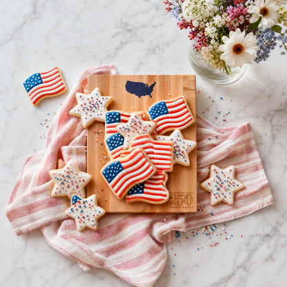 Decorative cookies shaped like American flags and stars on a wooden board with a floral arrangement in the background.
