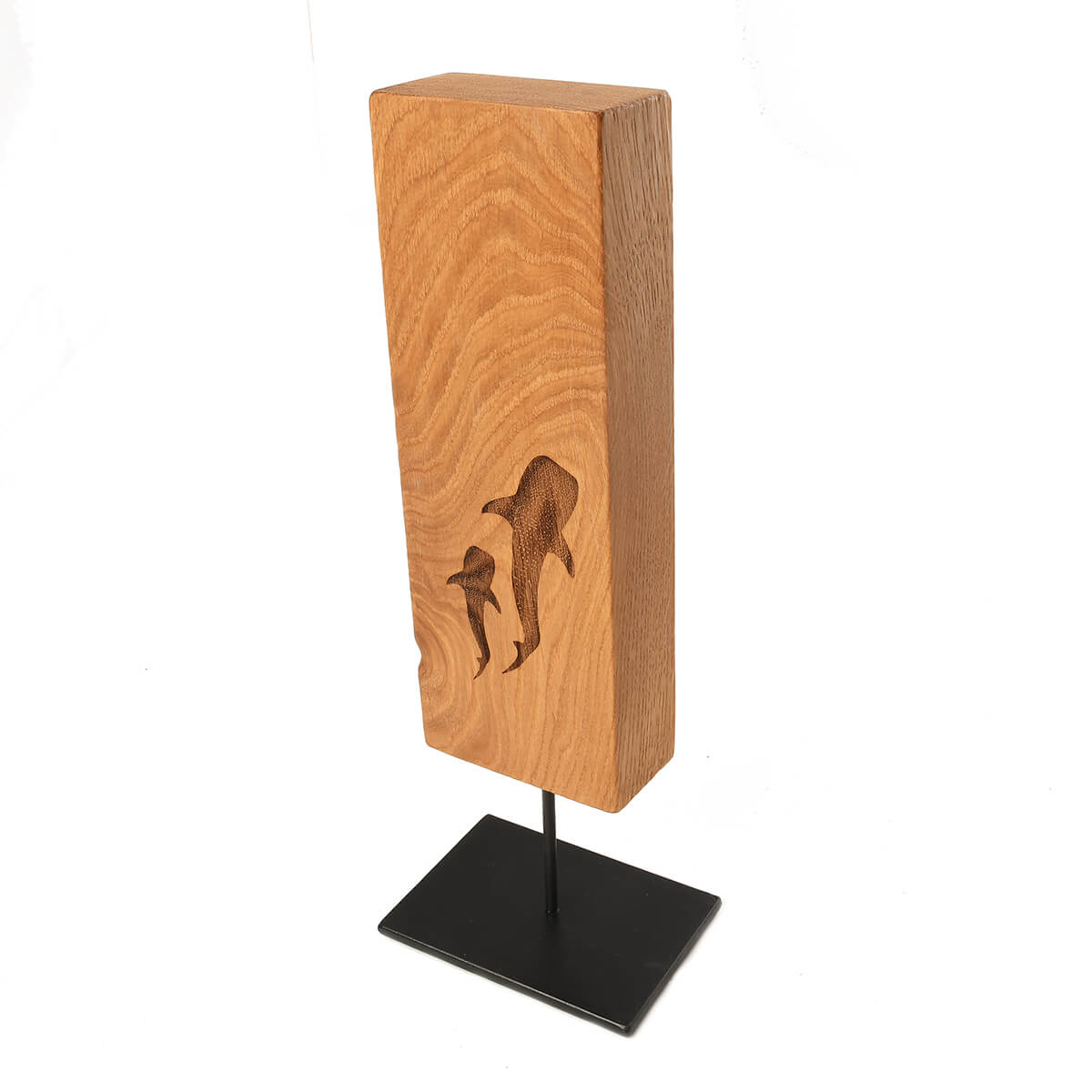 mom and baby shark engraved on wood, sits on metal stand