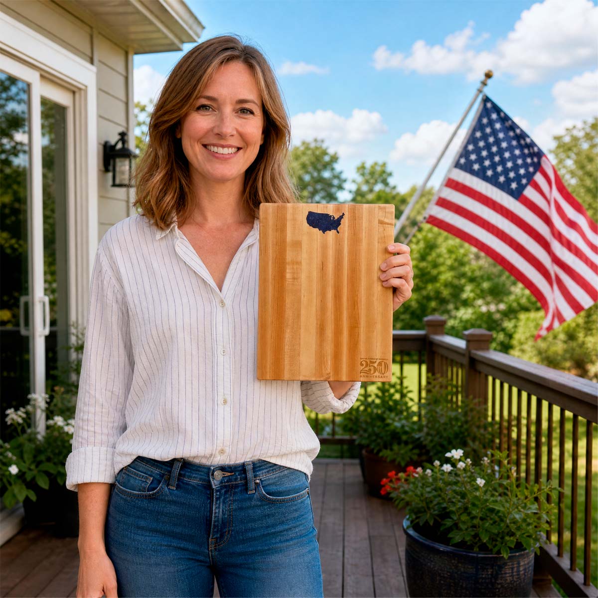 Woman holding a wooden cutting board with a U.S. map design on a deck with an American flag in the background.