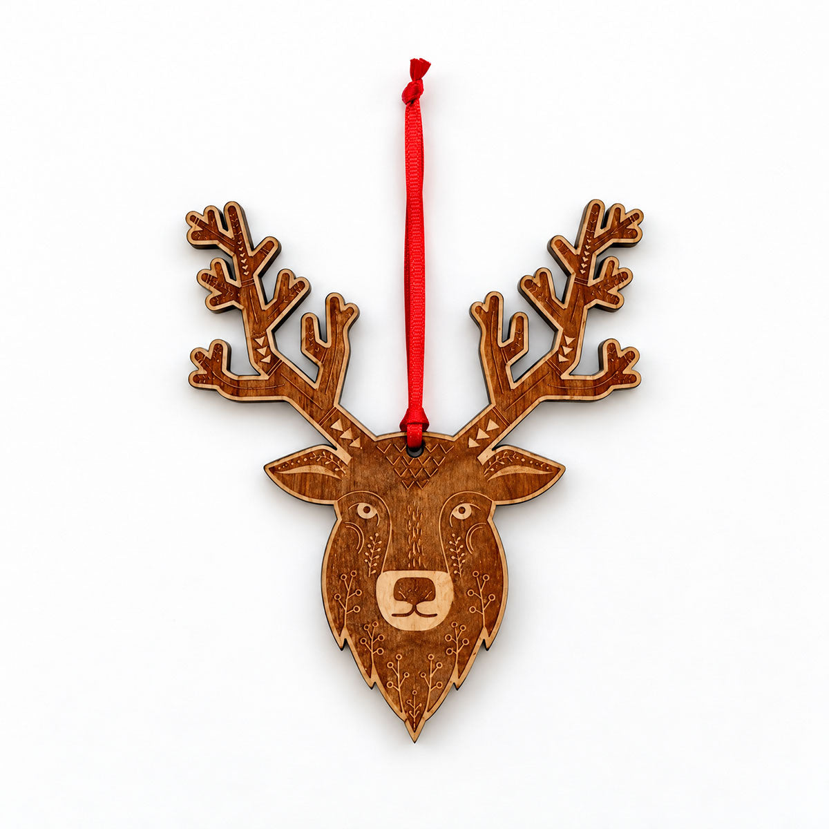 Reindeer head cherry wood ornament with red loop tie