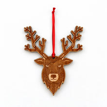 Reindeer head cherry wood ornament with red loop tie