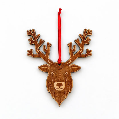 Reindeer head cherry wood ornament with red loop tie