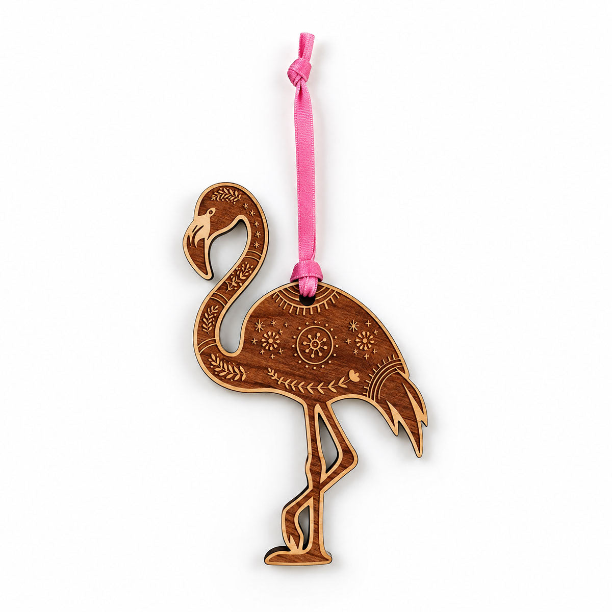 flamingo shaped cherry wood holiday ornament with velvet pink tie, white background