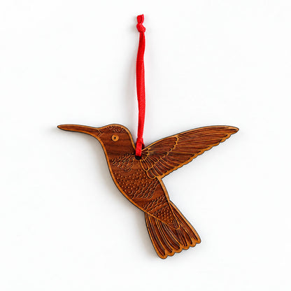 hummingbird shaped laser engraved wood holiday ornament, white background