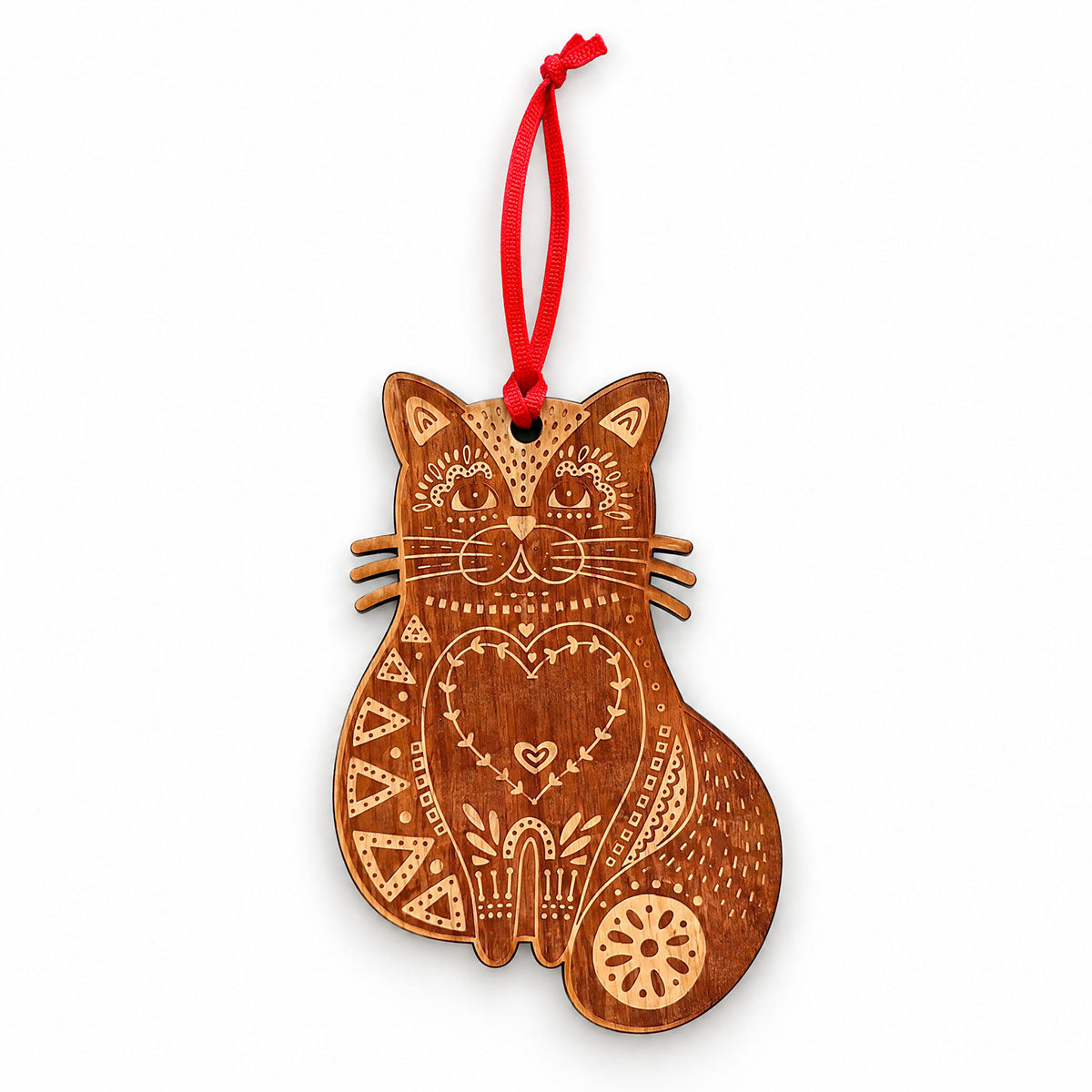 cat shaped holiday ornament with scandinavian design, white background