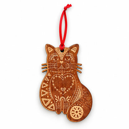 cat shaped holiday ornament with scandinavian design, white background