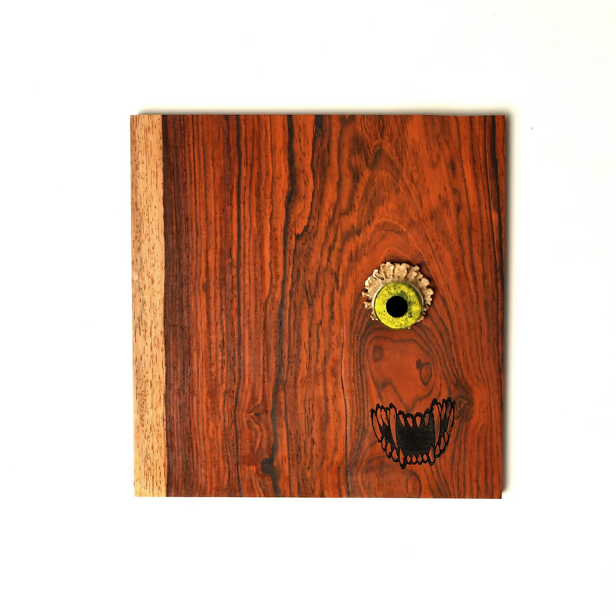 a piece of wood depicting a creature with laser engraved mouth and teeth and a glass eye, white background
