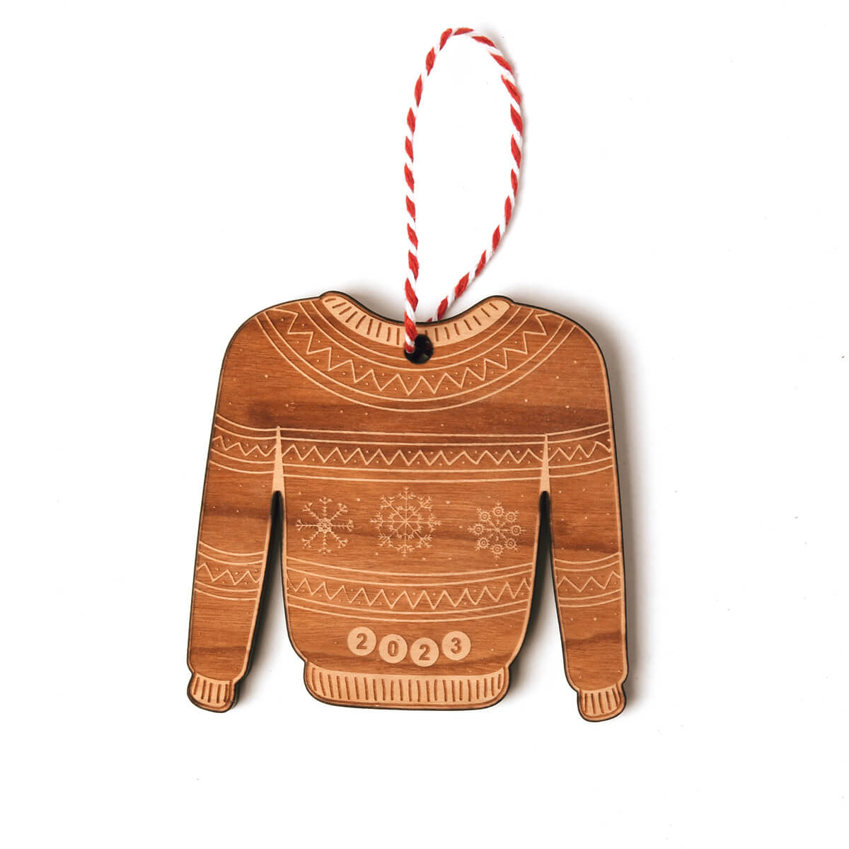 wooden holiday ornaments, sweater, gingerbread, cat, penguin shapes
