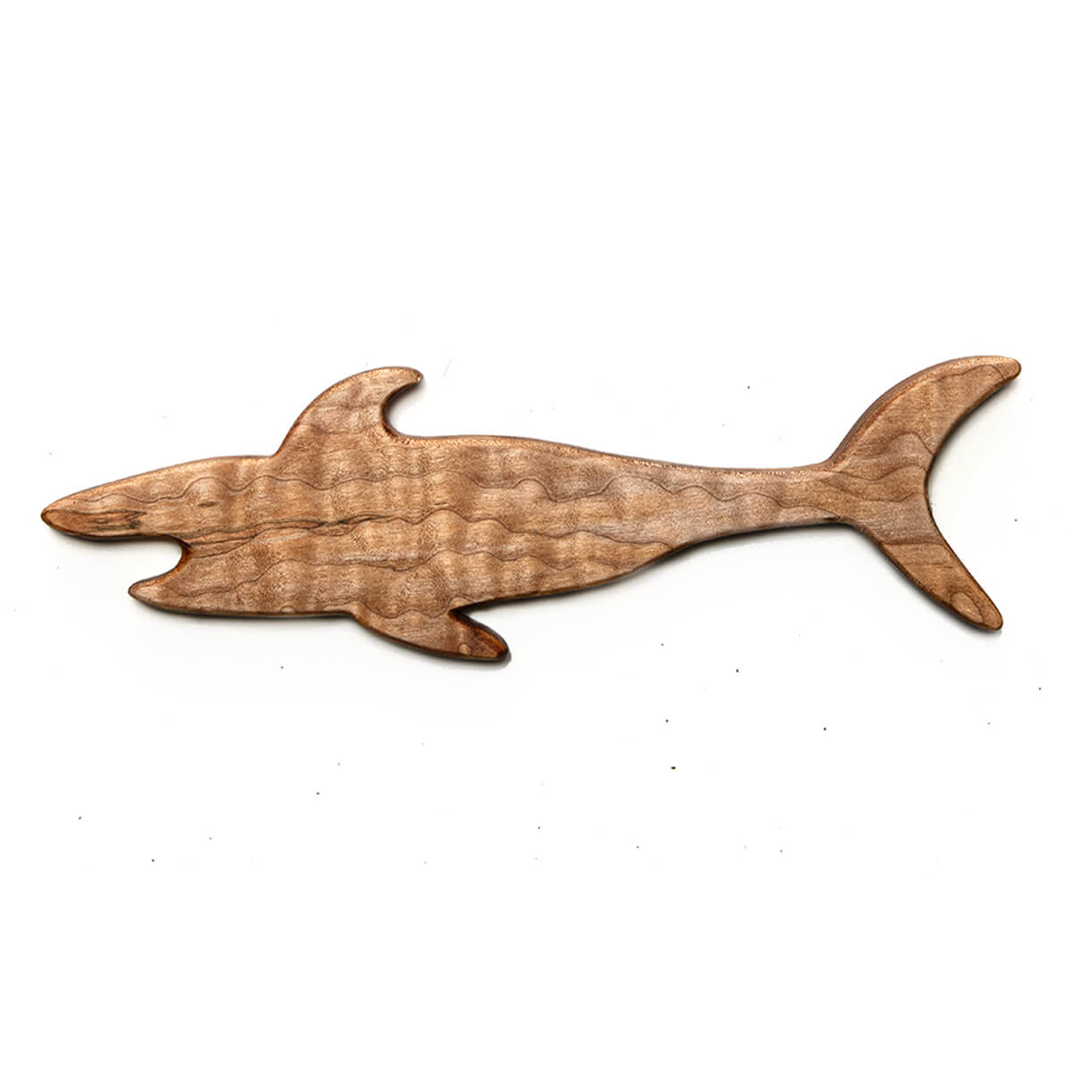 Wooden shark-shaped oven pull stick on a white background
