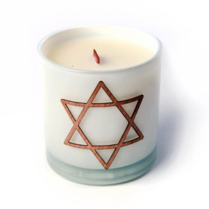 Star of David wood sticker on white woodwick candle gift
