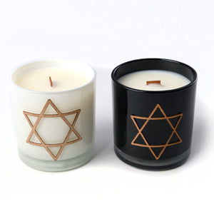 Star of David wood decoration on white and black woodwick candle gift set