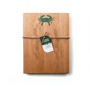 artisan cutting board, malachite crab inlay on cherry wood