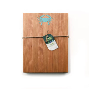 artisan cutting board, turquoise crab inlay on cherry wood