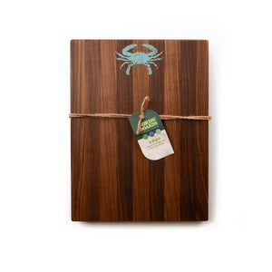 artisan cutting board, turquoise crab inlay on walnut wood