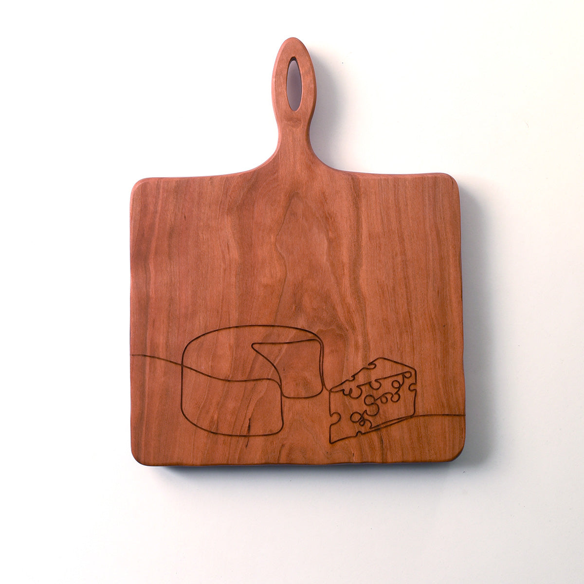 Cheese board with handle, cherry wood with cheese line art laser engraved