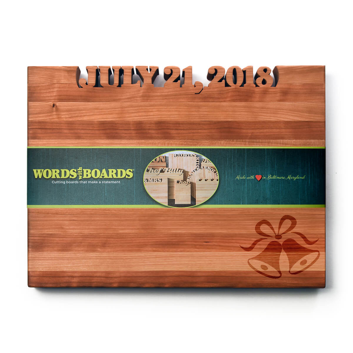cutting board with wedding date cut out of the top - wedding bells laser engraved on cherry wood