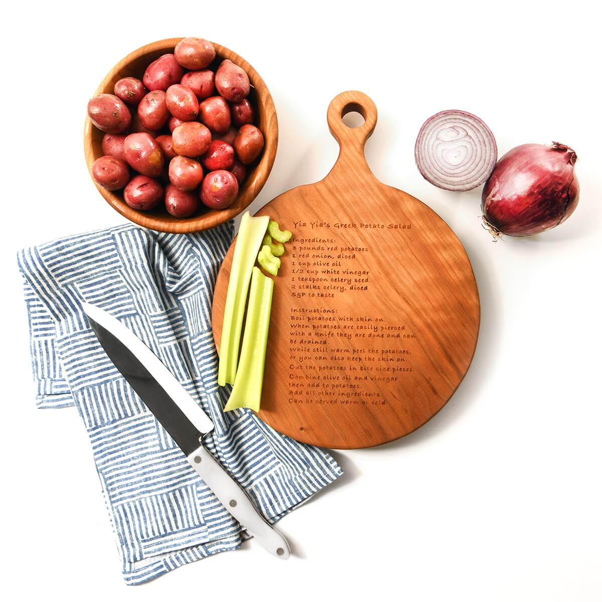 cutting board with a recipe, round cherry wood 