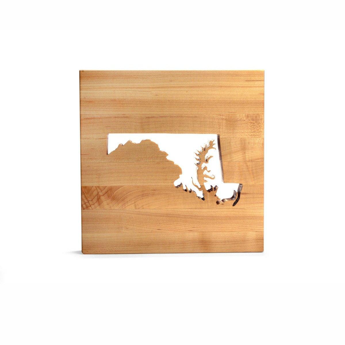 Maryland trivet, state cut out of wood, shown with crab cake in little pan