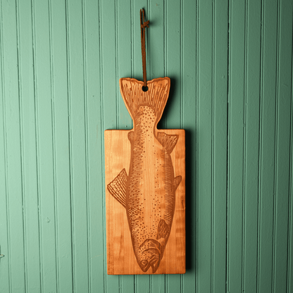 fish shaped board, cherry wood, hanging from wall
