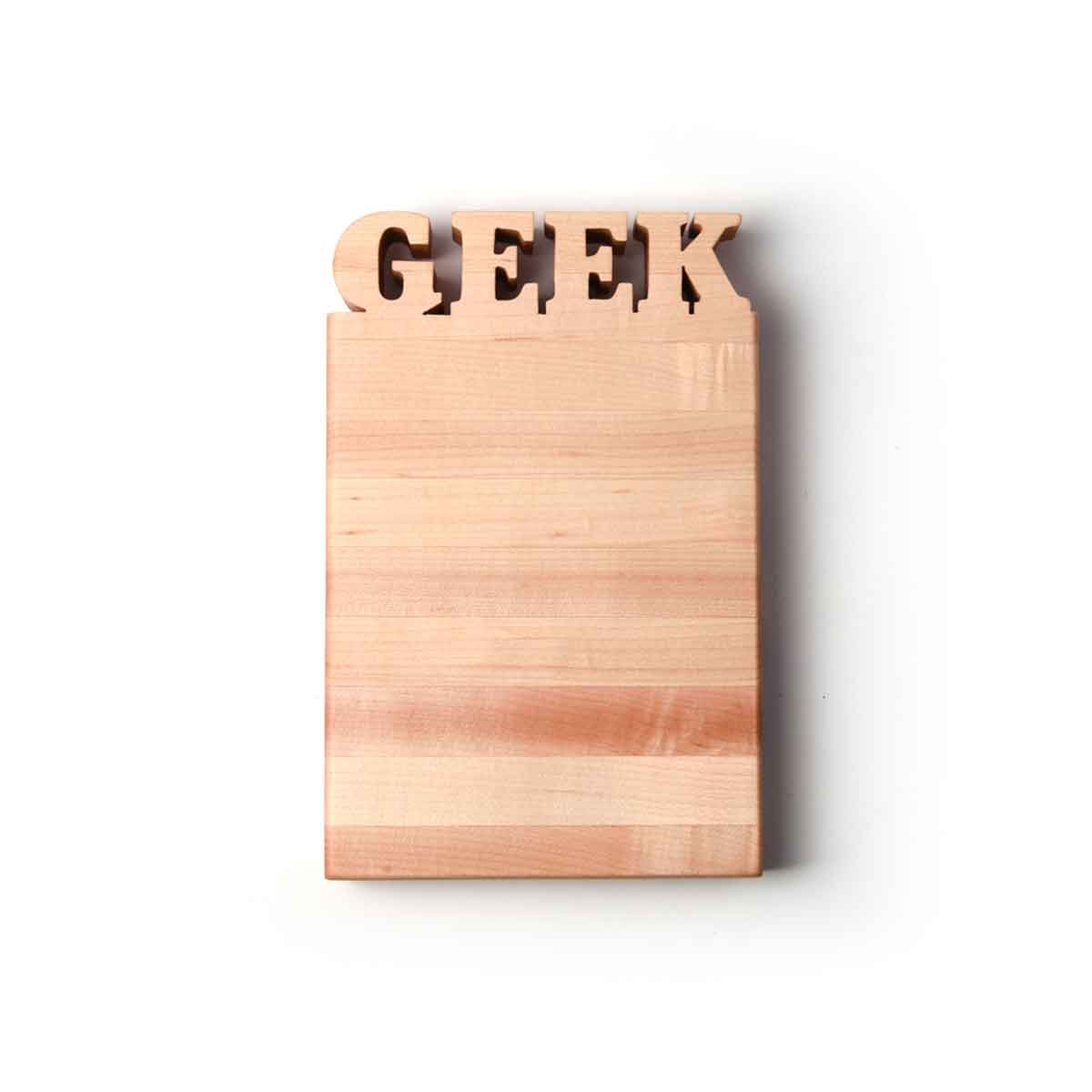geek gifts, wooden cutting board with the word GEEK - bottle opener on back