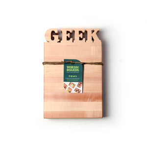 geek gifts, wooden cutting board with the word GEEK - bottle opener on back