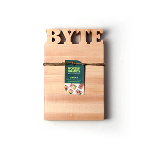 Geek gifts for him - cutting board with bottle opener, says BYTE